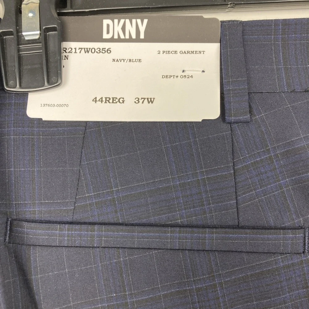 DKNY Mens Modern Fit Dress Pants 37W 32L Navy Blue Plaid